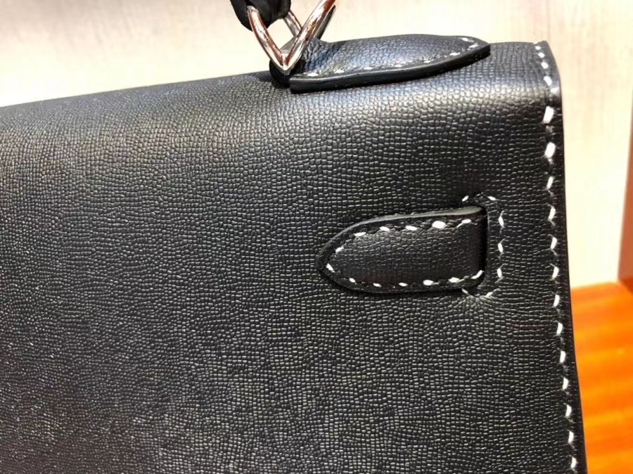 Hermès（爱马仕）限量款 Kelly 新皮种 Graine Monsieur ck89 黑色 Noir 银扣 黑白双线 外缝 28cm