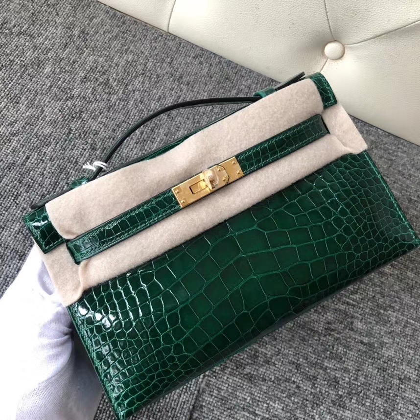 Hermès（爱马仕）Mini kelly pochette 22cm Alligator shiny 亮面鳄鱼 ck67 祖母绿 金扣