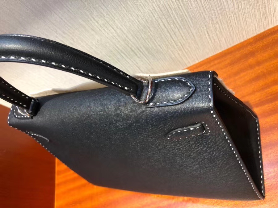 Hermès（爱马仕）限量款 Kelly 新皮种 Graine Monsieur ck89 黑色 Noir 银扣 黑白双线 外缝 28cm