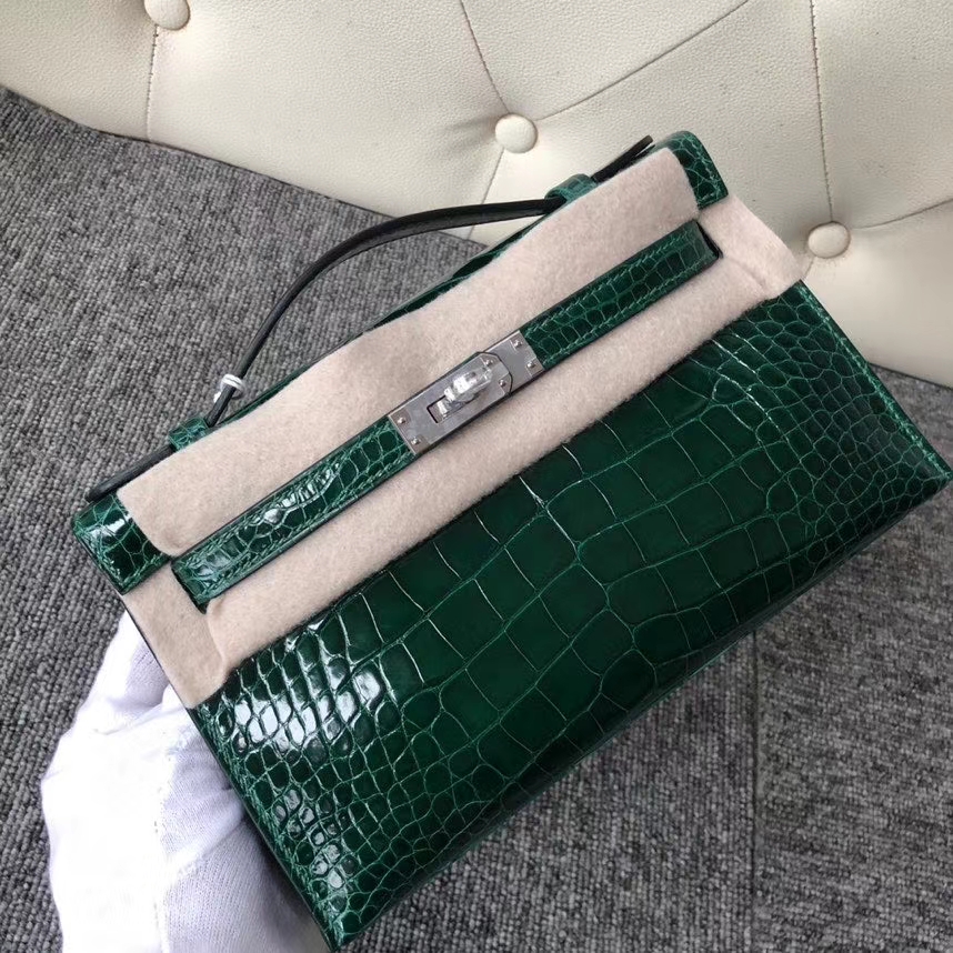 Hermès（爱马仕）Mini kelly pochette 22cm Alligator shiny 亮面鳄鱼 ck67 祖母绿 银扣