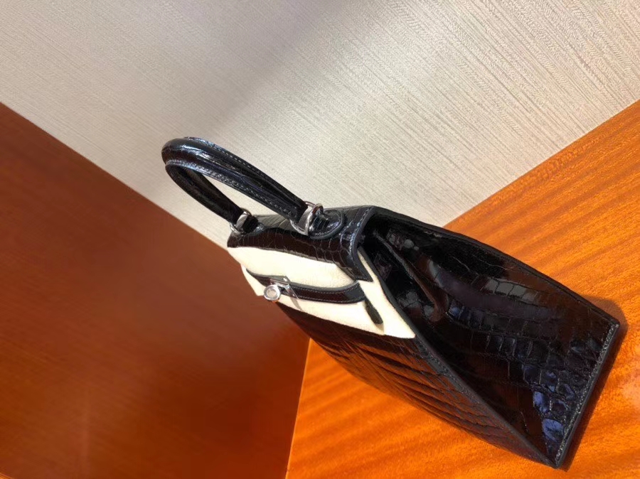 Hermès（爱马仕）Kelly 25cm Crocodile shiny 亮面鳄鱼ck89 黑色 Noir 银扣 现货