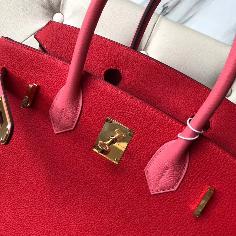 Hermès（爱马仕）Birkin 30cm 原厂小牛皮 S3 心红色 拼 8w 唇膏粉 金扣 马蹄印