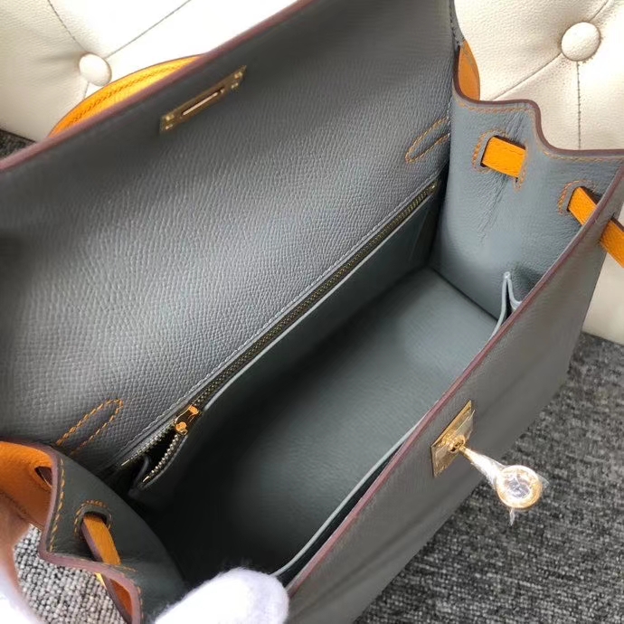 Hermès(爱马仕)Kelly 25cm Epsom 原厂掌纹皮 4Z 海鸥灰拼9v 太阳黄 金扣 马蹄印 顶级手缝-拉尔森鳄鱼皮具定制 - 爱马仕包包官网 Hermès(爱马仕)Kelly 25cm Epsom 原厂掌纹皮 4Z 海鸥灰拼9v 太阳黄 金扣 马蹄印 顶级手缝