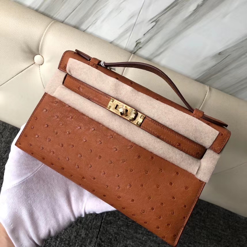 Hermès（爱马仕）Mini kelly pochtte 22cm Ostrich kk 鸵鸟 ck37 金棕色 Gold 金扣 顶级手缝 现货