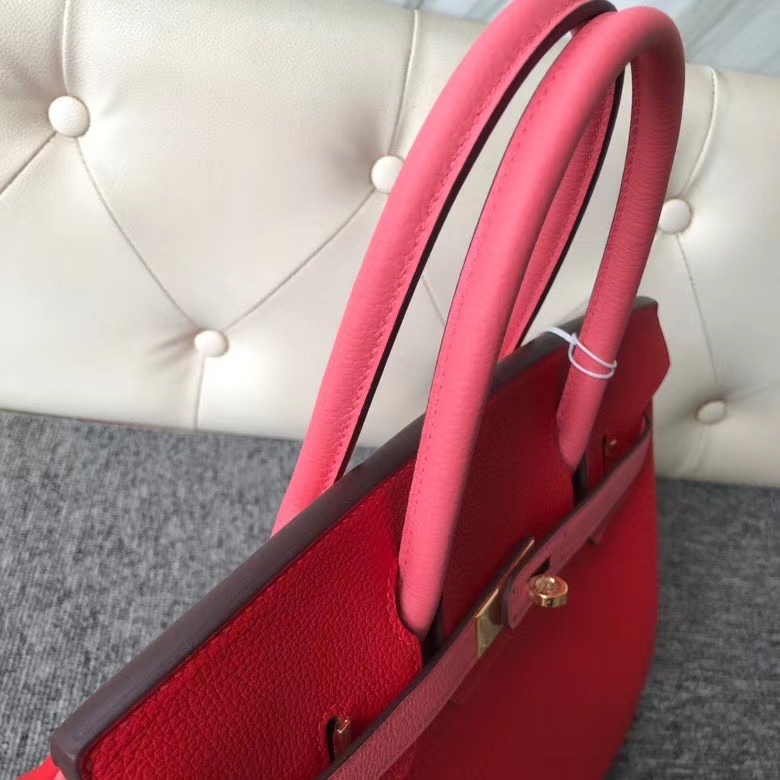 Hermès（爱马仕）Birkin 30cm 原厂小牛皮 S3 心红色 拼 8w 唇膏粉 金扣 马蹄印