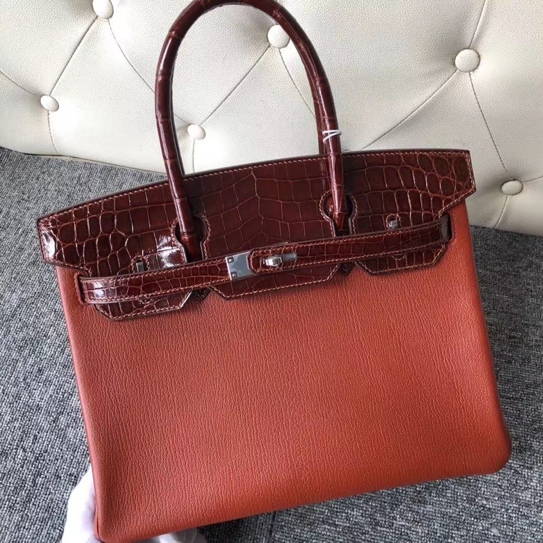 Hermès（爱马仕）Birkin 铂金包 蜜糖棕 山羊皮拼鳄鱼皮 银扣 30cm 顶级手缝 定制