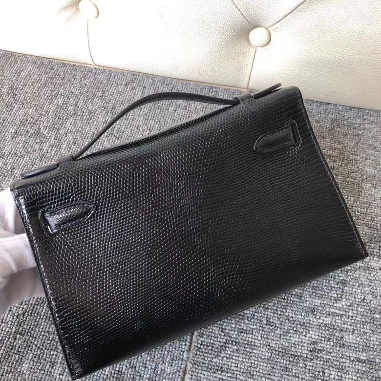 Hermès（爱马仕）Mini kelly pochette 22cm Lizard 进口亮面蜥蜴 ck89 黑色 Noir 银扣 顶级手缝