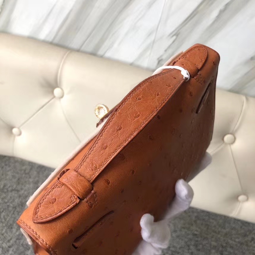 Hermès（爱马仕）Mini kelly pochtte 22cm Ostrich kk 鸵鸟 ck37 金棕色 Gold 金扣 顶级手缝 现货