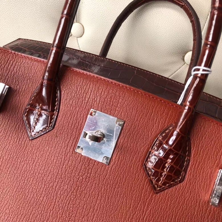 Hermès（爱马仕）Birkin 铂金包 蜜糖棕 山羊皮拼鳄鱼皮 银扣 30cm 顶级手缝 定制