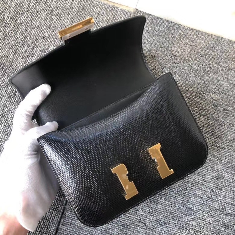 Hermès（爱马仕）Constance18cm Lizard 进口亮面蜥蜴 ck89 黑色 Noir 金扣 顶级手缝 定制