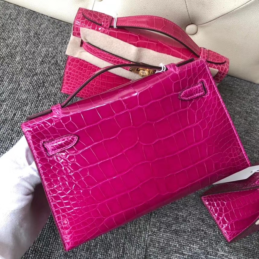 Hermès（爱马仕）Mini kelly pochette 22cm Alligator shiny 亮面鳄鱼 J5 天方夜谭粉紫 银扣