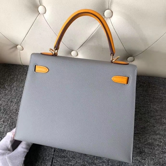 Hermès(爱马仕)Kelly 25cm Epsom 原厂掌纹皮 4Z 海鸥灰拼9v 太阳黄 金扣 马蹄印 顶级手缝-拉尔森鳄鱼皮具定制 - 爱马仕包包官网 Hermès(爱马仕)Kelly 25cm Epsom 原厂掌纹皮 4Z 海鸥灰拼9v 太阳黄 金扣 马蹄印 顶级手缝