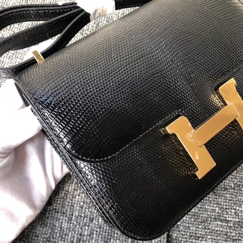 Hermès（爱马仕）Constance18cm Lizard 进口亮面蜥蜴 ck89 黑色 Noir 金扣 顶级手缝 定制