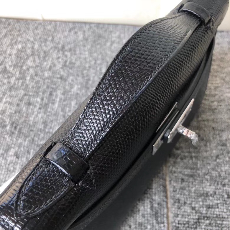 Hermès（爱马仕）Mini kelly pochette 22cm Lizard 进口亮面蜥蜴 ck89 黑色 Noir 银扣 顶级手缝