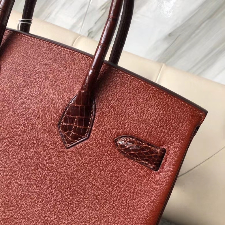 Hermès（爱马仕）Birkin 铂金包 蜜糖棕 山羊皮拼鳄鱼皮 银扣 30cm 顶级手缝 定制