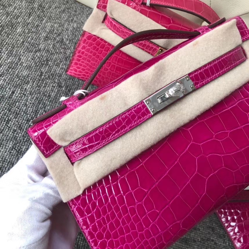 Hermès（爱马仕）Mini kelly pochette 22cm Alligator shiny 亮面鳄鱼 J5 天方夜谭粉紫 银扣