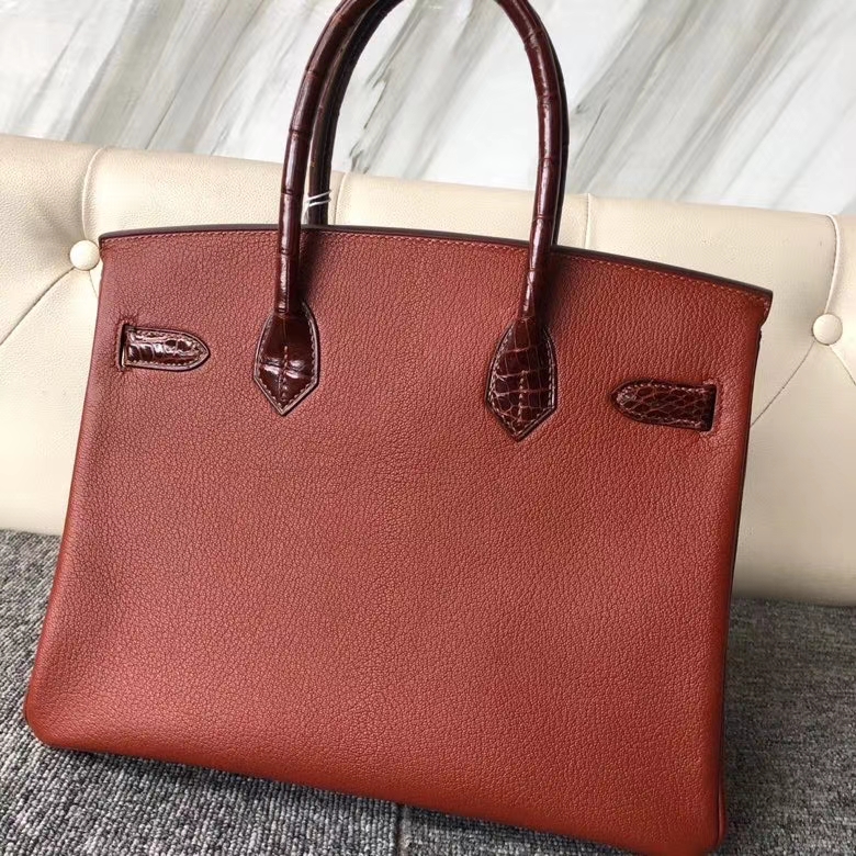 Hermès（爱马仕）Birkin 铂金包 蜜糖棕 山羊皮拼鳄鱼皮 银扣 30cm 顶级手缝 定制