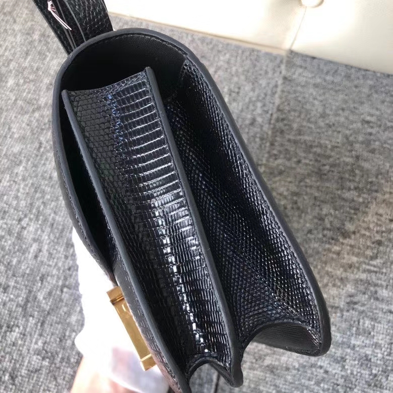 Hermès（爱马仕）Constance18cm Lizard 进口亮面蜥蜴 ck89 黑色 Noir 金扣 顶级手缝 定制
