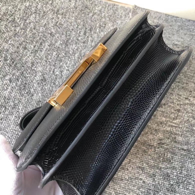 Hermès（爱马仕）Constance18cm Lizard 进口亮面蜥蜴 ck89 黑色 Noir 金扣 顶级手缝 定制