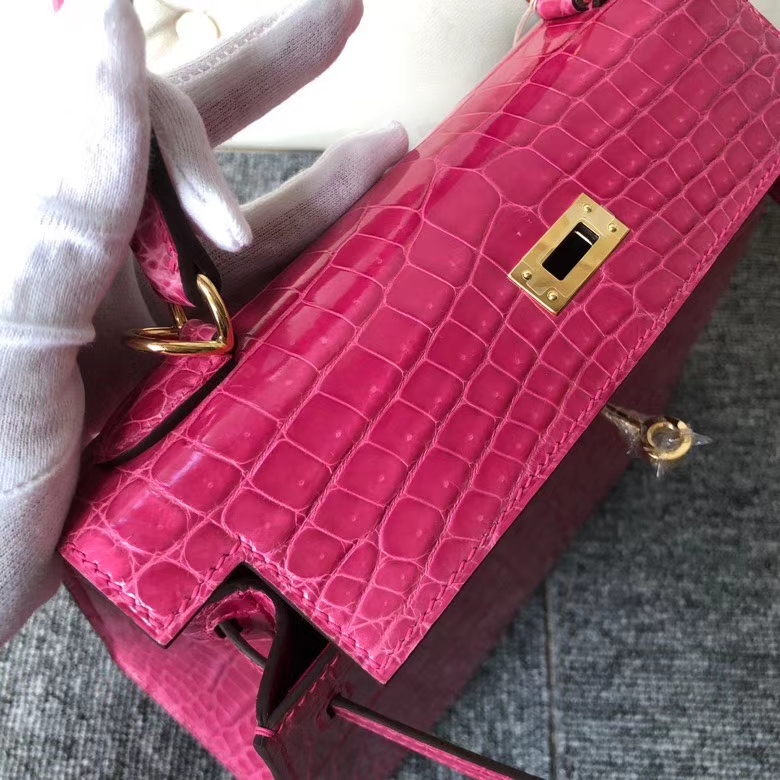 Hermès（爱马仕）Kelly 凯莉包 Crocodile shiny 亮面鳄鱼 J5 天方夜谭粉紫 金扣 25cm 顶级手缝