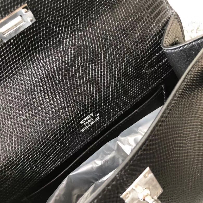 Hermès（爱马仕）Mini kelly pochette 22cm Lizard 进口亮面蜥蜴 ck89 黑色 Noir 银扣 顶级手缝