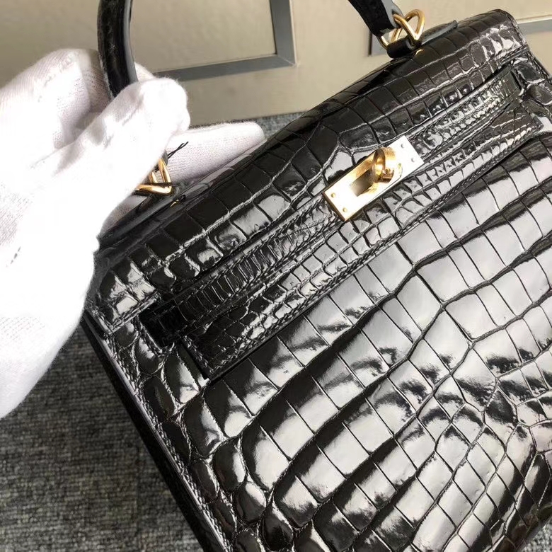 Hermès（爱马仕）Kelly 25cm Crocodile shiny 亮面鳄鱼 ck89 黑色 Noir 金扣 顶级手缝