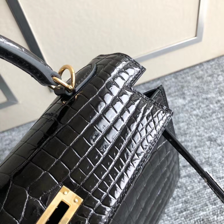 Hermès（爱马仕）Kelly 25cm Crocodile shiny 亮面鳄鱼 ck89 黑色 Noir 金扣 顶级手缝