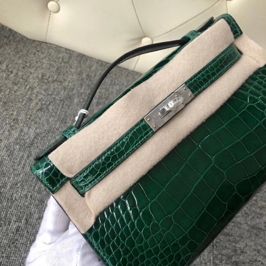 Hermès（爱马仕）Mini kelly pochette 22cm Alligator shiny 亮面鳄鱼 ck67 祖母绿 银扣