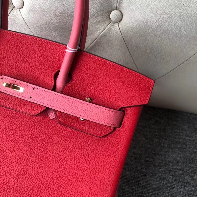 Hermès（爱马仕）Birkin 30cm 原厂小牛皮 S3 心红色 拼 8w 唇膏粉 金扣 马蹄印