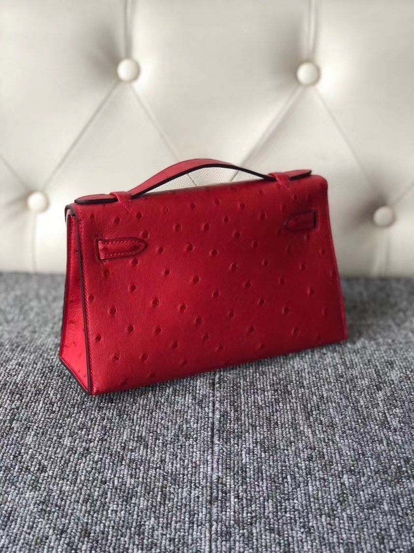 Hermès(爱马仕)Mini kelly pochette 22cm Ostrich kk 鸵鸟 Q5 国旗红 金扣 顶级手缝 现货-拉尔森鳄鱼皮具定制 - 爱马仕包包官网 Hermès(爱马仕)Mini kelly pochette 22cm Ostrich kk 鸵鸟 Q5 国旗红 金扣 顶级手缝 现货