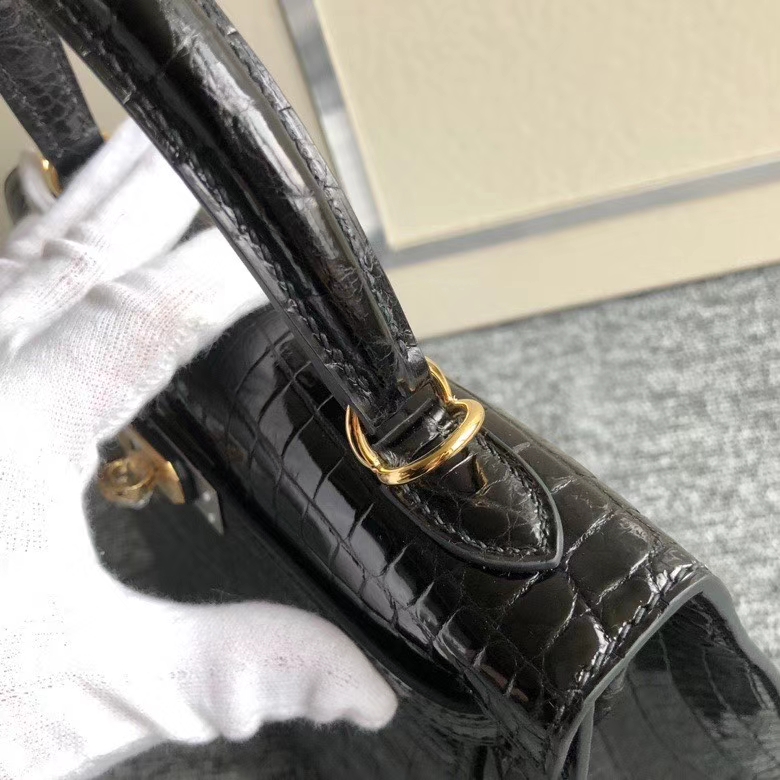 Hermès（爱马仕）Kelly 25cm Crocodile shiny 亮面鳄鱼 ck89 黑色 Noir 金扣 顶级手缝