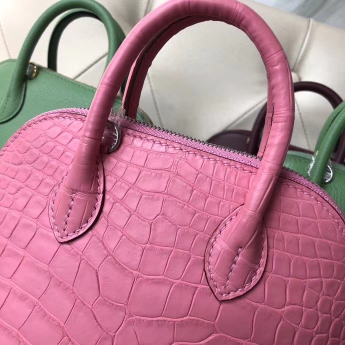 Hermès（爱马仕）Mini Bolide 雾面鳄鱼 樱花粉 顶级手缝 小可爱 现货