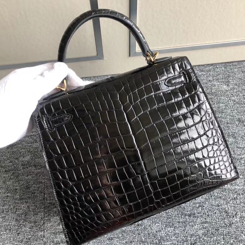 Hermès（爱马仕）Kelly 25cm Crocodile shiny 亮面鳄鱼 ck89 黑色 Noir 金扣 顶级手缝