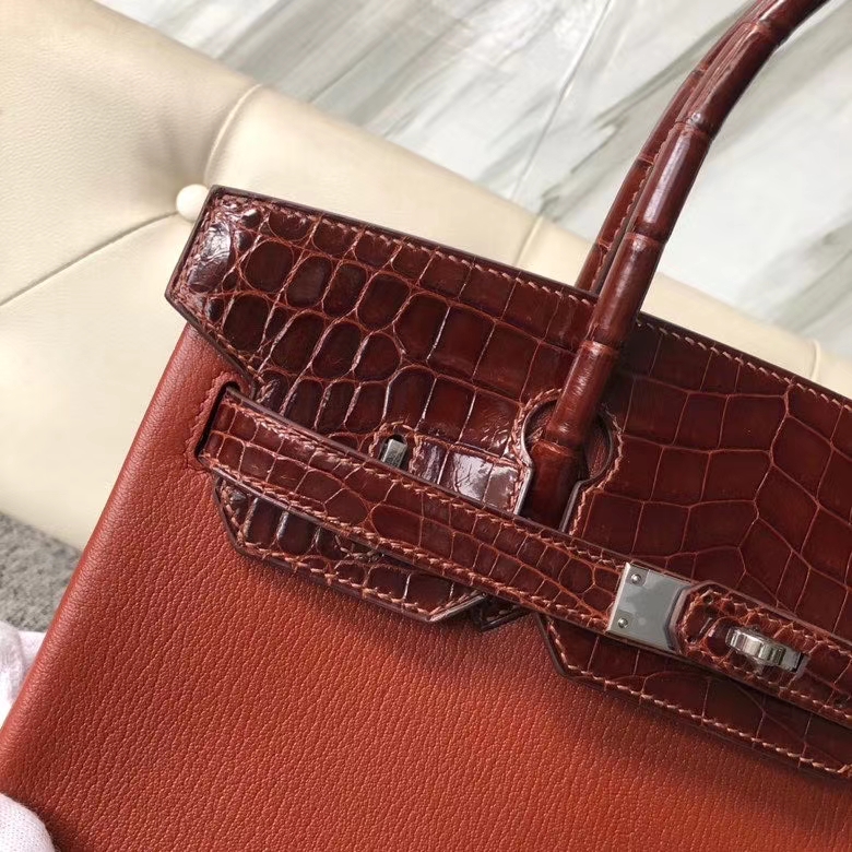 Hermès（爱马仕）Birkin 铂金包 蜜糖棕 山羊皮拼鳄鱼皮 银扣 30cm 顶级手缝 定制