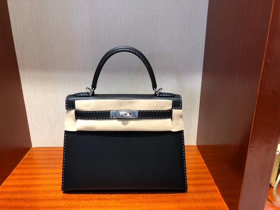 Hermès（爱马仕）限量款 Kelly 新皮种 Graine Monsieur ck89 黑色 Noir 银扣 黑白双线 外缝 28cm