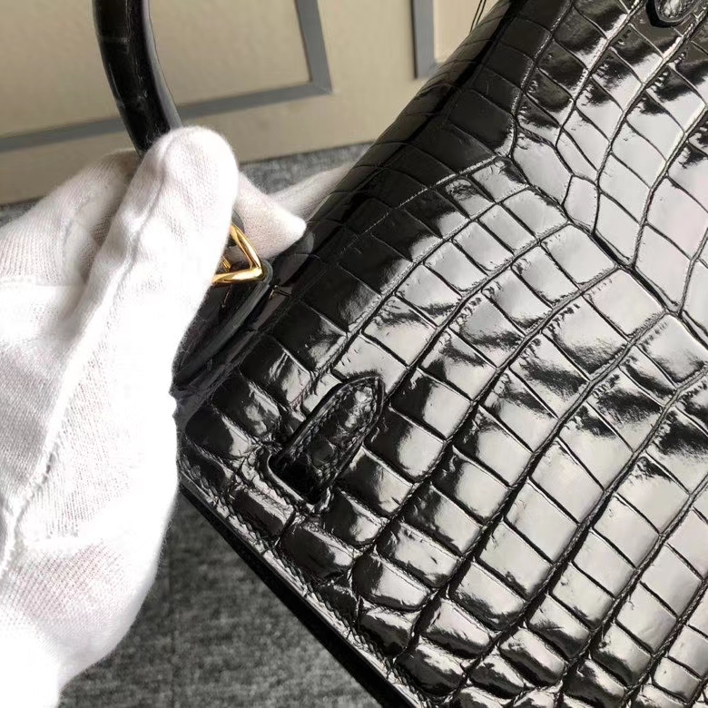 Hermès（爱马仕）Kelly 25cm Crocodile shiny 亮面鳄鱼 ck89 黑色 Noir 金扣 顶级手缝