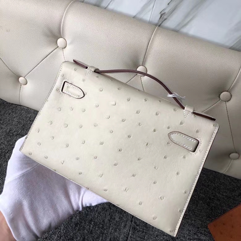 Hermès（爱马仕）Mini kelly pochtte 22cm Ostrich kk 鸵鸟 3C 羊毛白 金扣 顶级手缝 现货