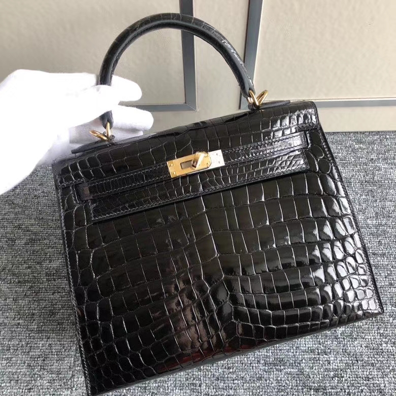 Hermès（爱马仕）Kelly 25cm Crocodile shiny 亮面鳄鱼 ck89 黑色 Noir 金扣 顶级手缝