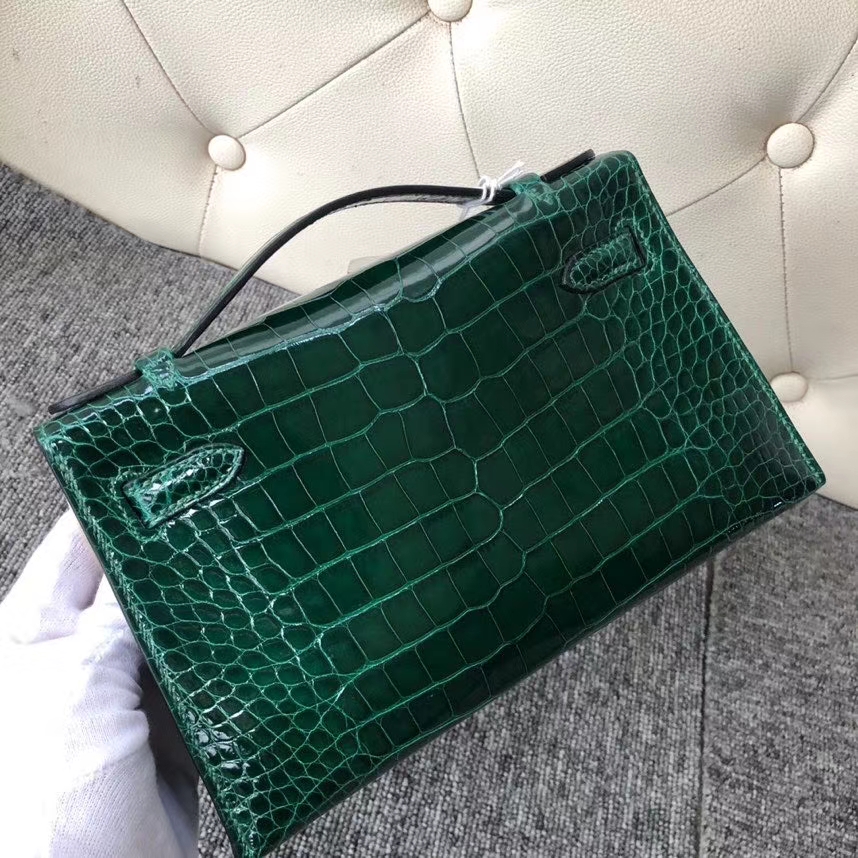 Hermès（爱马仕）Mini kelly pochette 22cm Alligator shiny 亮面鳄鱼 ck67 祖母绿 银扣