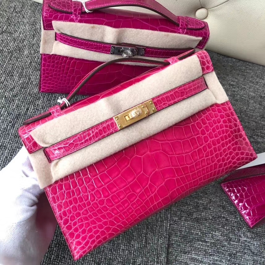 Hermès（爱马仕）Mini kelly pochette 22cm Alligator shiny 亮面鳄鱼 E5 桃红 金扣 现货