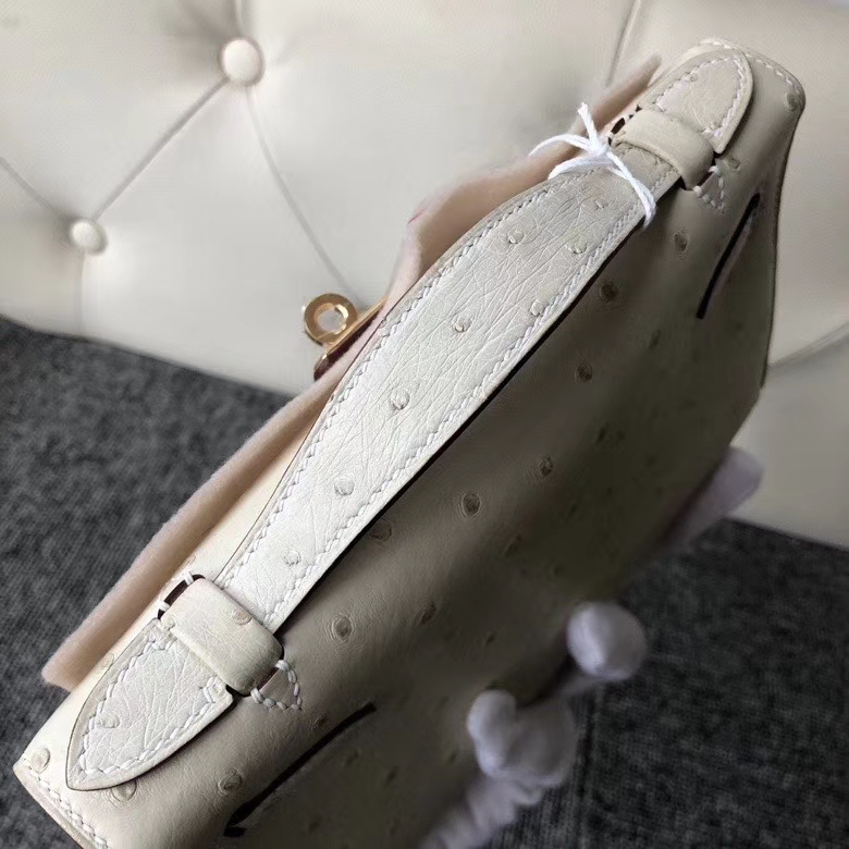 Hermès（爱马仕）Mini kelly pochtte 22cm Ostrich kk 鸵鸟 3C 羊毛白 金扣 顶级手缝 现货