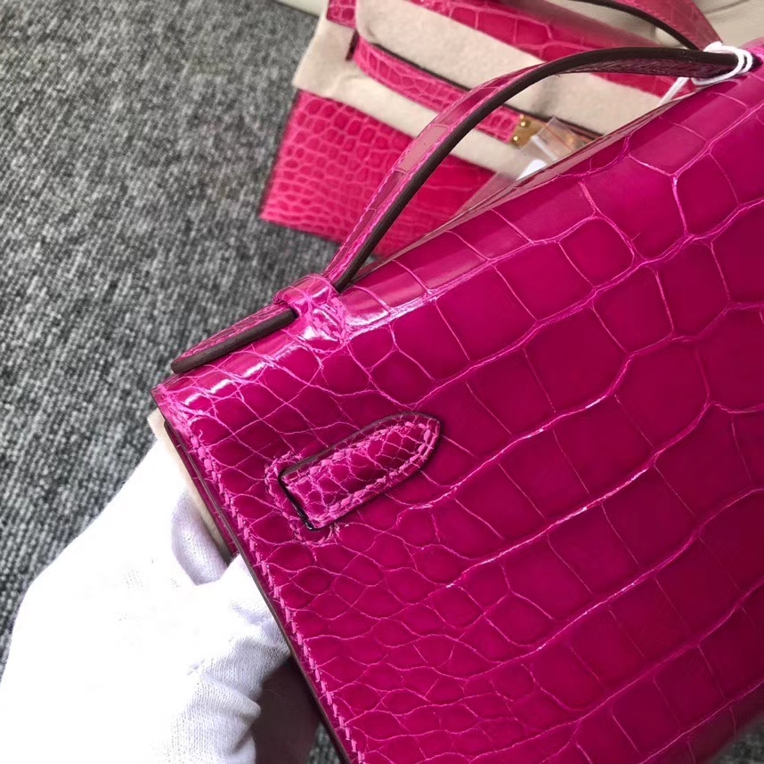Hermès（爱马仕）Mini kelly pochette 22cm Alligator shiny 亮面鳄鱼 J5 天方夜谭粉紫 银扣