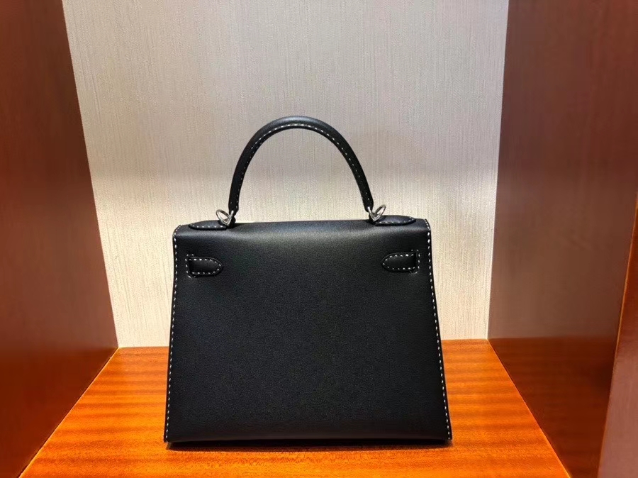 Hermès（爱马仕）限量款 Kelly 新皮种 Graine Monsieur ck89 黑色 Noir 银扣 黑白双线 外缝 28cm