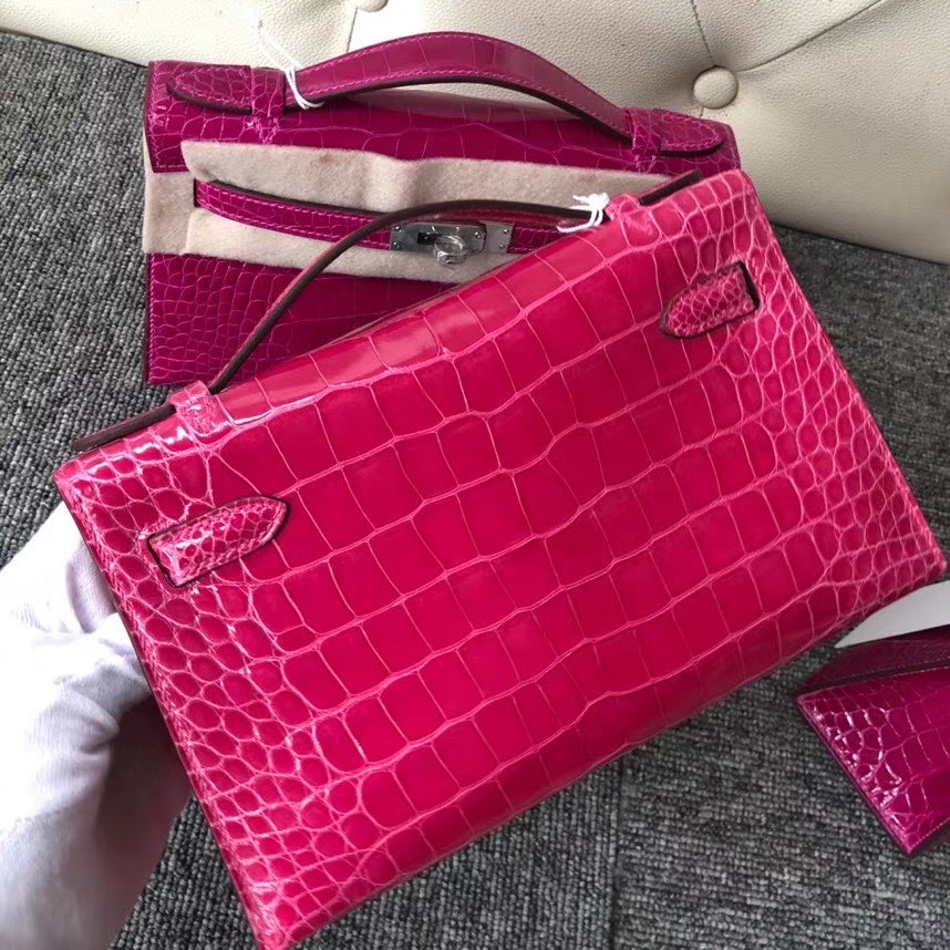 Hermès（爱马仕）Mini kelly pochette 22cm Alligator shiny 亮面鳄鱼 E5 桃红 金扣 现货