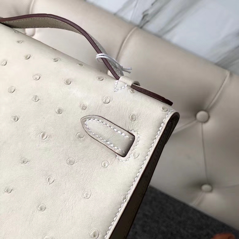 Hermès（爱马仕）Mini kelly pochtte 22cm Ostrich kk 鸵鸟 3C 羊毛白 金扣 顶级手缝 现货