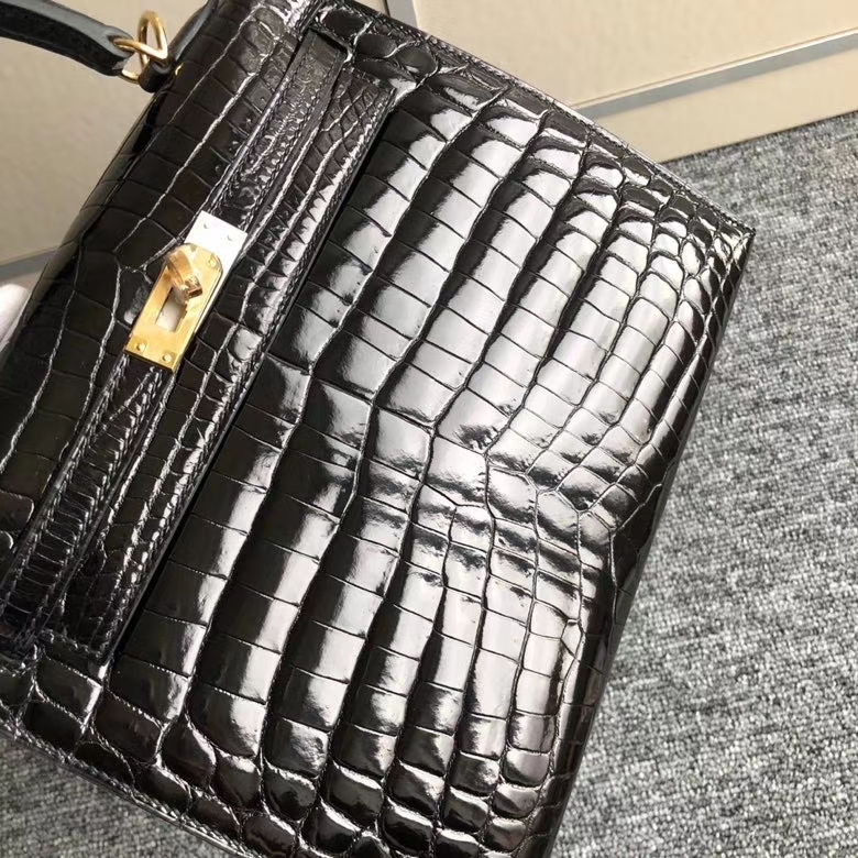 Hermès（爱马仕）Kelly 25cm Crocodile shiny 亮面鳄鱼 ck89 黑色 Noir 金扣 顶级手缝