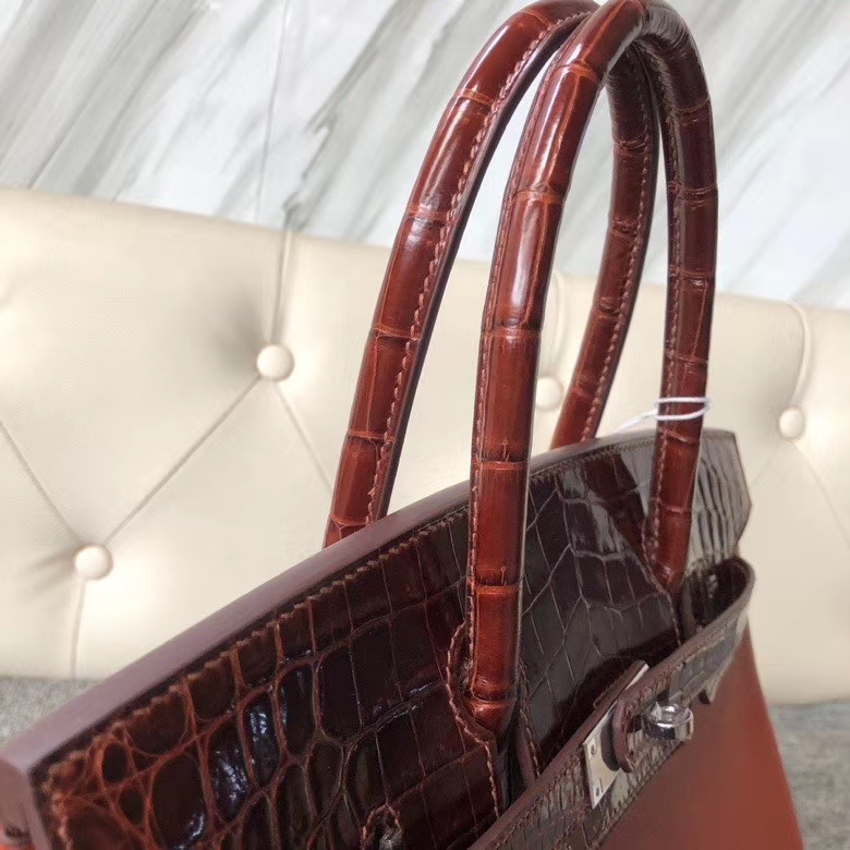 Hermès（爱马仕）Birkin 铂金包 蜜糖棕 山羊皮拼鳄鱼皮 银扣 30cm 顶级手缝 定制