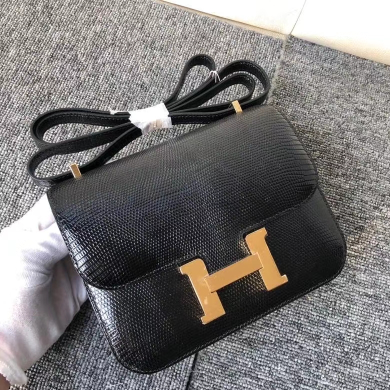 Hermès（爱马仕）Constance18cm Lizard 进口亮面蜥蜴 ck89 黑色 Noir 金扣 顶级手缝 定制