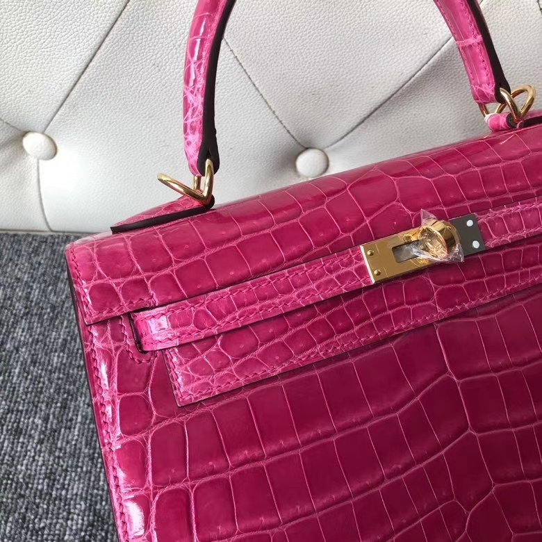 Hermès（爱马仕）Kelly 凯莉包 Crocodile shiny 亮面鳄鱼 J5 天方夜谭粉紫 金扣 25cm 顶级手缝