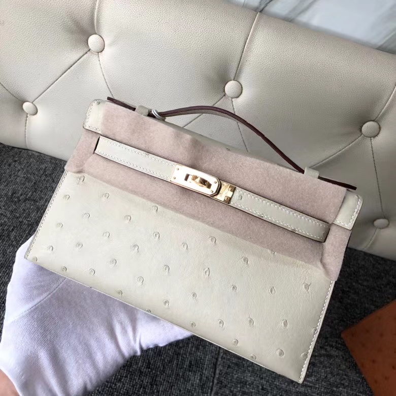 Hermès（爱马仕）Mini kelly pochtte 22cm Ostrich kk 鸵鸟 3C 羊毛白 金扣 顶级手缝 现货